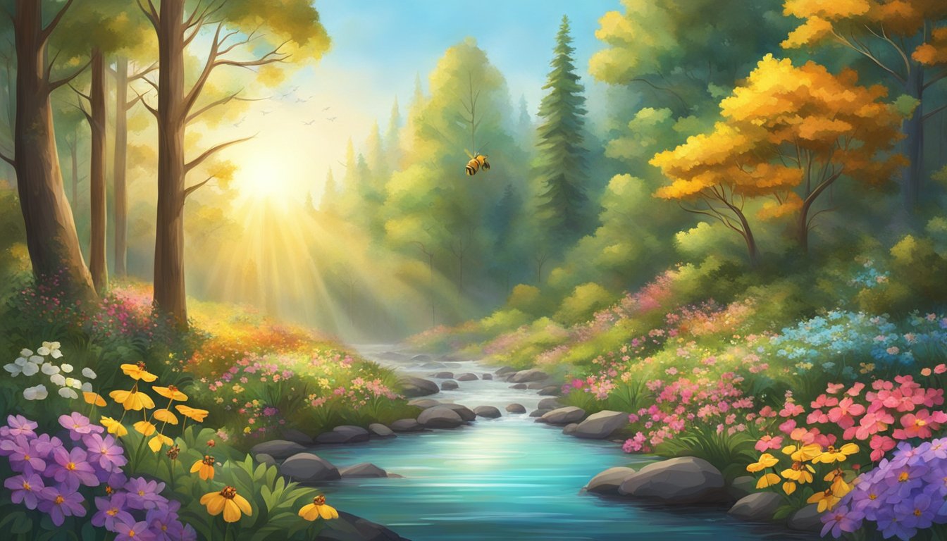 A serene forest with vibrant, colorful flowers and buzzing bees, surrounded by a clear, glistening stream. The sun shines through the canopy, casting a warm and inviting glow