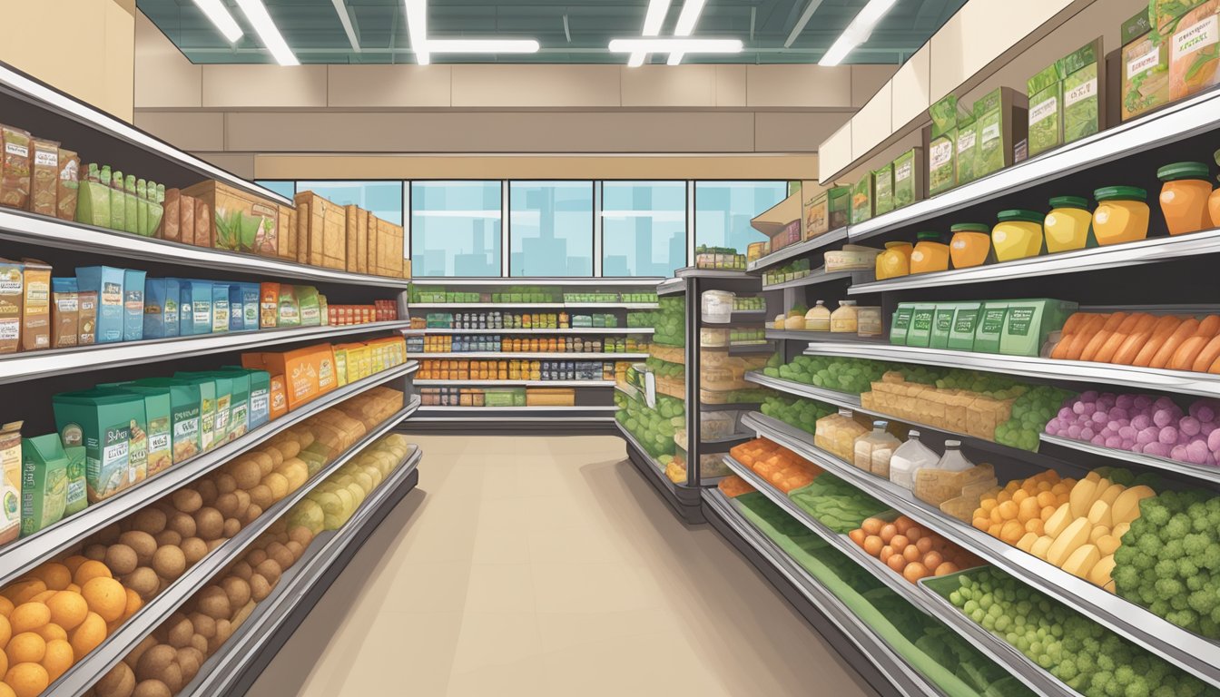 A grocery aisle with organic, non-GMO, and zero-waste sweetener options, surrounded by eco-friendly packaging and informational signage