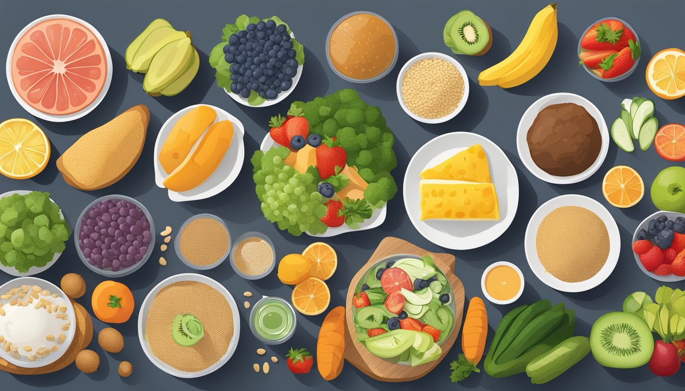 A table set with a variety of foods, including fruits, vegetables, whole grains, and lean proteins, with a focus on low-glycemic index options