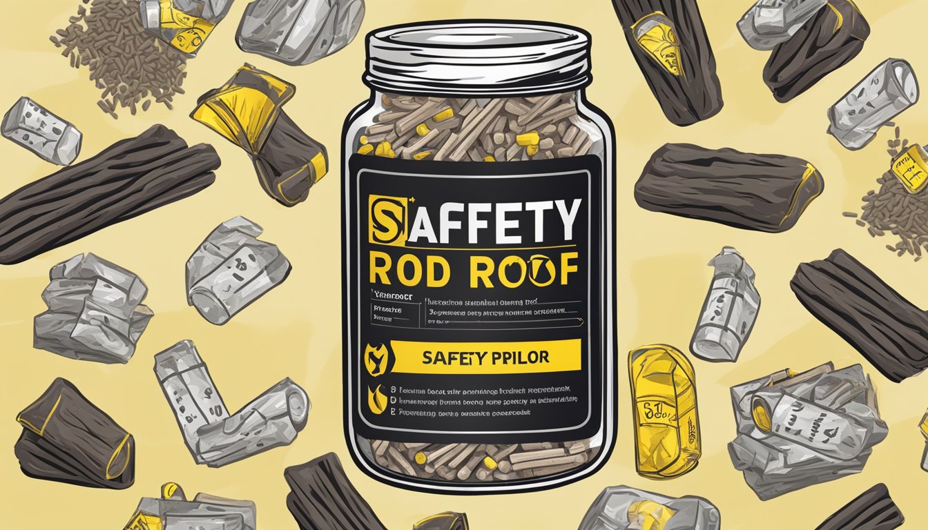 A jar of licorice root with a bold "Safety Profile and Potential Risks" label, surrounded by caution signs and warning symbols