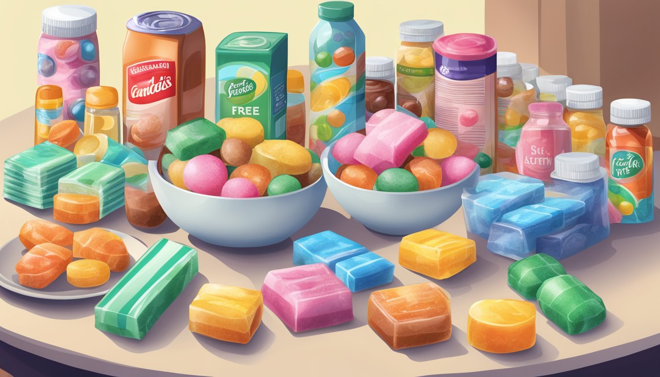 A table with a variety of sugar-free products, including candies, gum, and drinks, alongside a warning label and a list of potential health effects