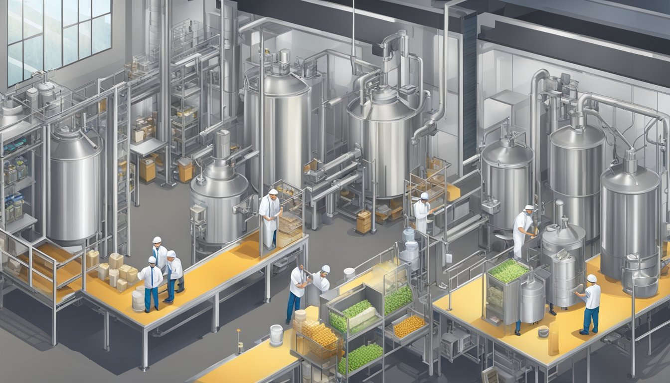 A bustling food production facility with workers mixing, measuring, and packaging sugar alcohols into various products