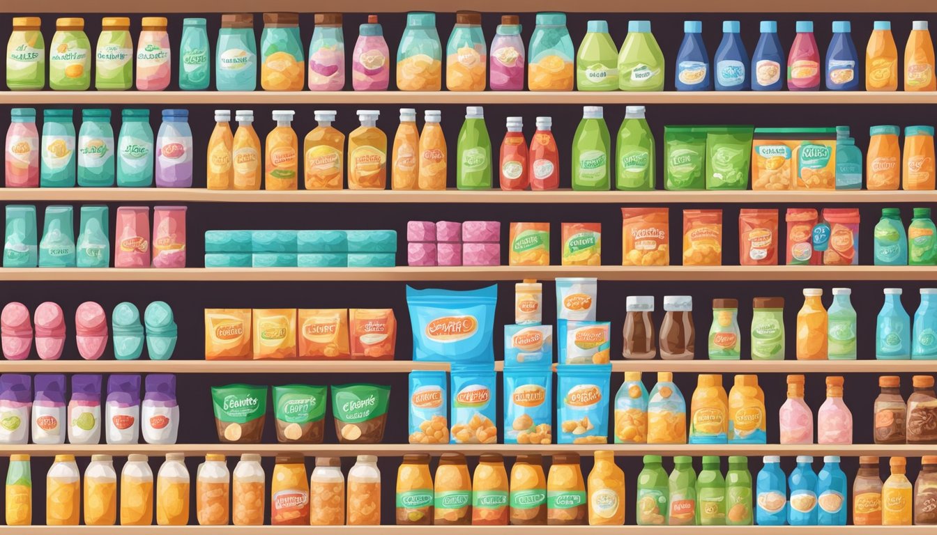 A variety of sugar-free products with sugar alcohols displayed on a supermarket shelf