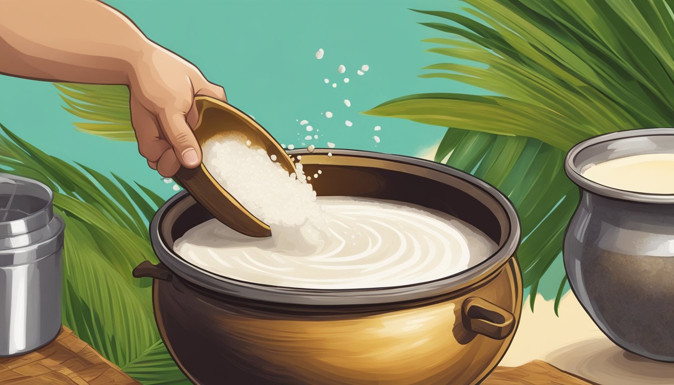 A chef stirring palm sugar into a bubbling pot of coconut milk