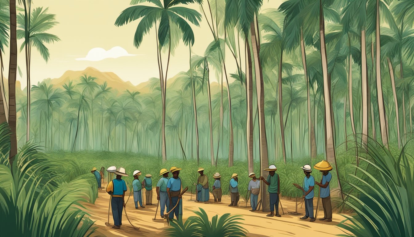 A lush palm grove with workers harvesting sugar sap in traditional, sustainable methods