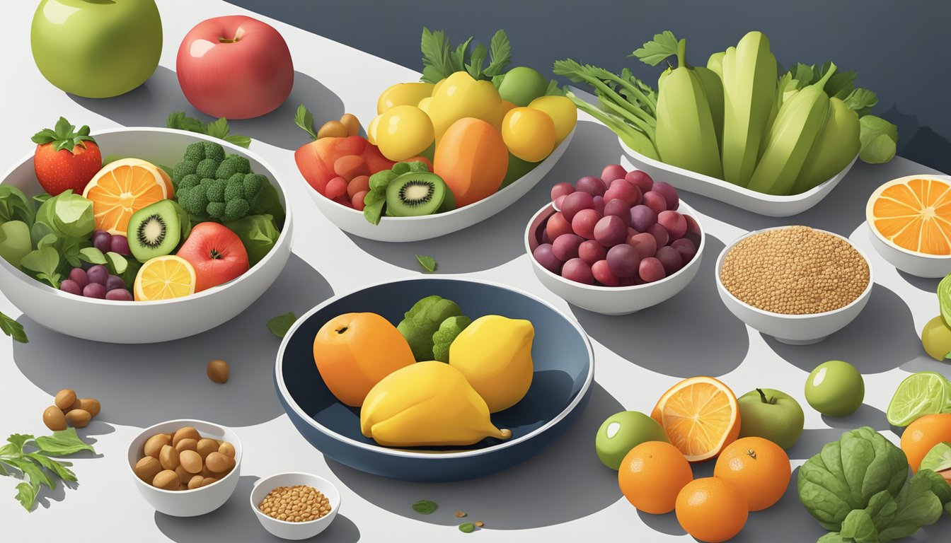 A colorful array of fresh fruits, vegetables, lean proteins, and whole grains laid out on a clean, minimalist kitchen counter