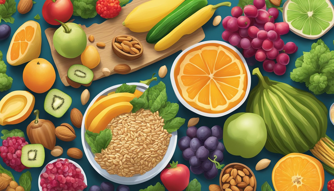 A colorful array of fresh fruits, vegetables, nuts, and whole grains arranged on a vibrant, inviting table