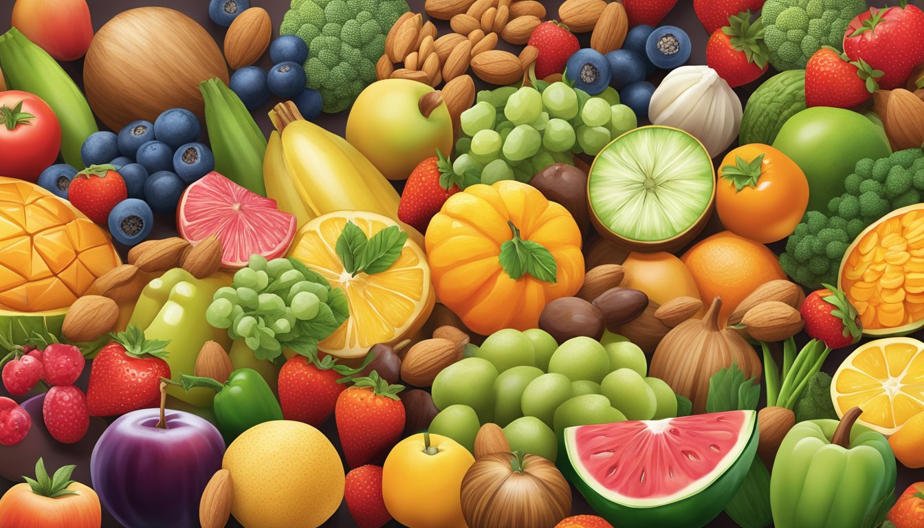 A colorful array of fresh fruits and vegetables, with a variety of nuts and seeds, surrounded by sugary processed foods being pushed away