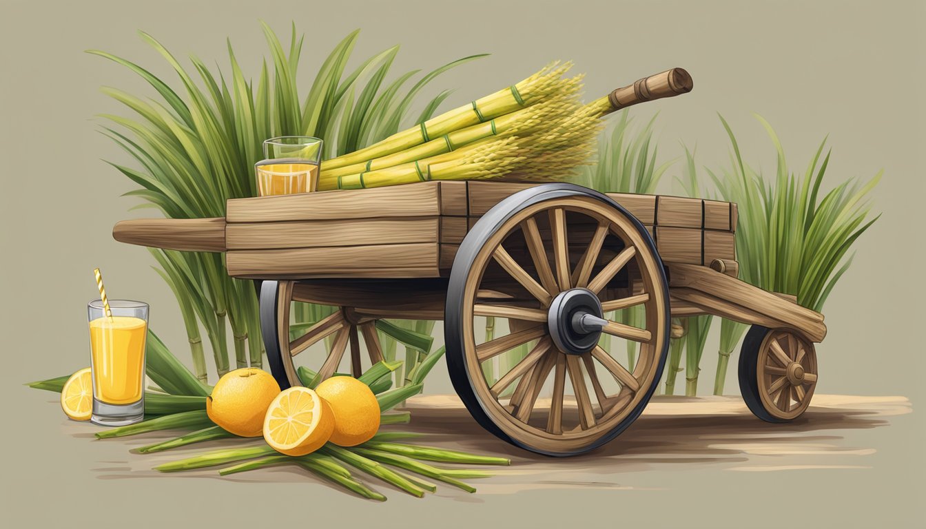 A rustic wooden cart filled with freshly cut sugar cane stalks, a hand-cranked juicer, and a glass of frothy sugar cane juice