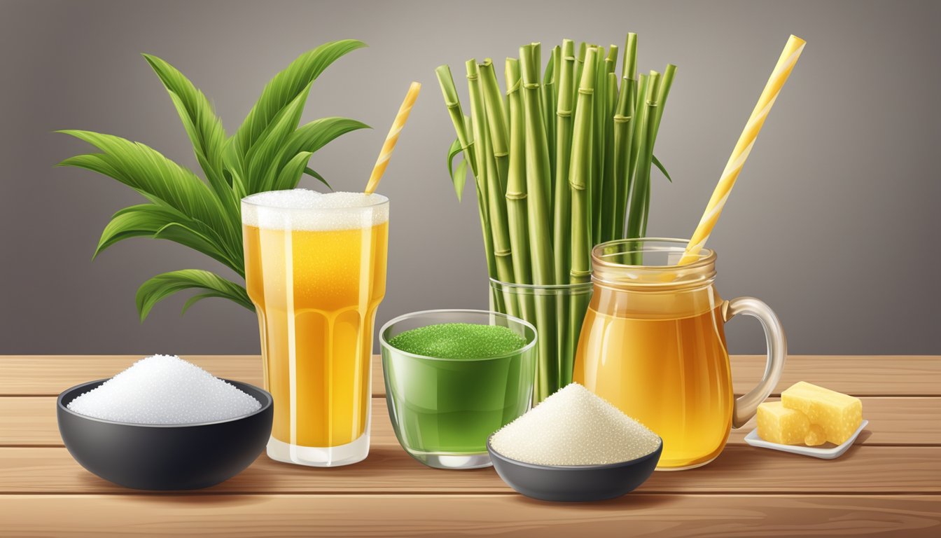 A tall glass of sugar cane juice next to various sweeteners like honey, stevia, and agave nectar on a wooden table