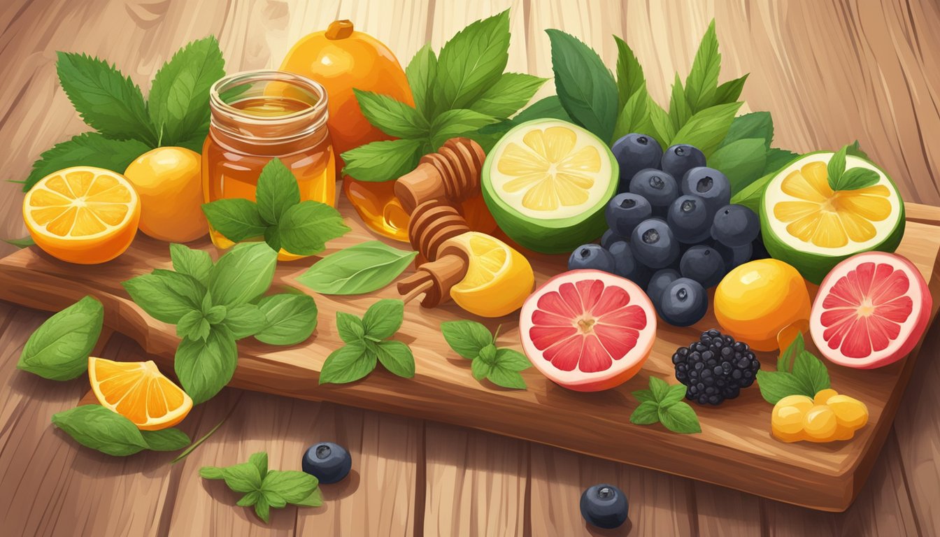 A colorful array of fruits, honey, and stevia leaves arranged on a wooden cutting board, surrounded by fresh herbs and spices