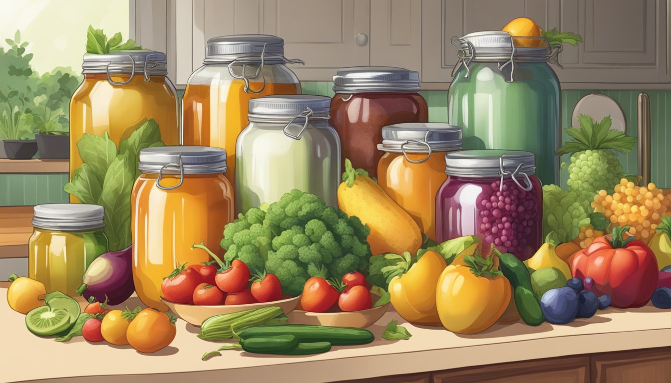 A colorful array of fruits and vegetables, alongside jars of honey and stevia, arranged on a kitchen counter. A cancer prevention diet is emphasized through the presence of healthy foods and natural sweeteners