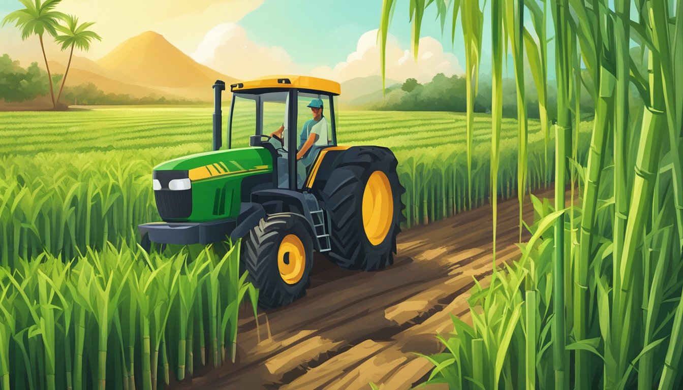 A farmer harvesting sugar cane, with a modern juicing machine nearby. Surrounding the scene are fields of lush green sugar cane plants