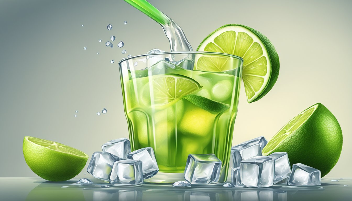 A glass of sugarcane juice being poured over ice with a slice of lime on the rim