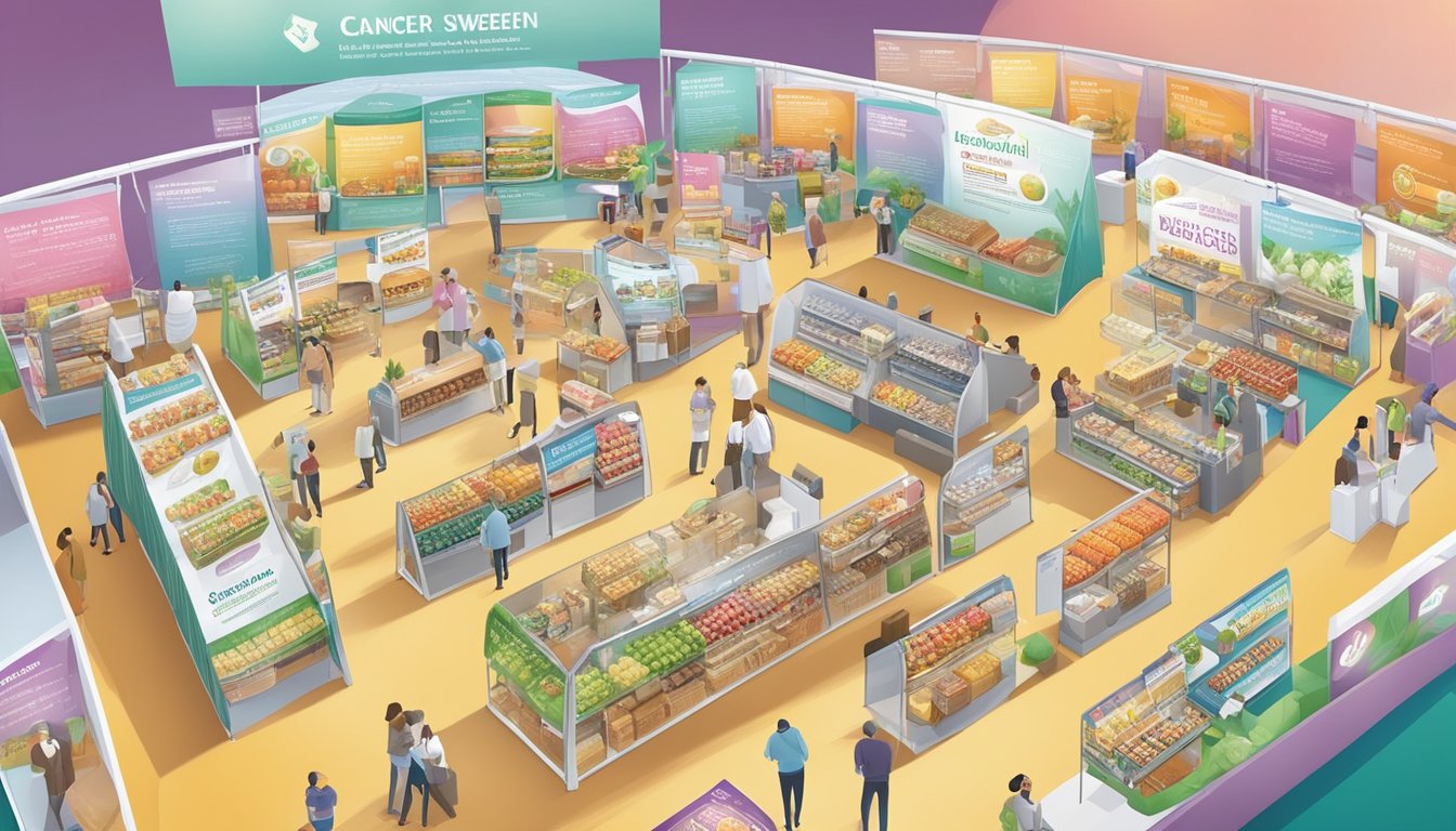 A bustling food industry trade show with colorful displays of natural sweeteners and informative posters on cancer prevention diets