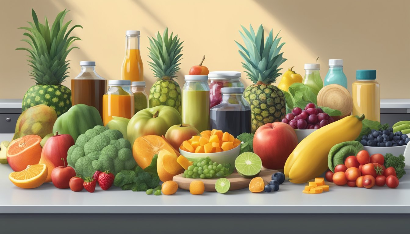 A colorful array of fruits, vegetables, and natural sweeteners arranged on a kitchen counter, with a focus on whole foods and healthy ingredients