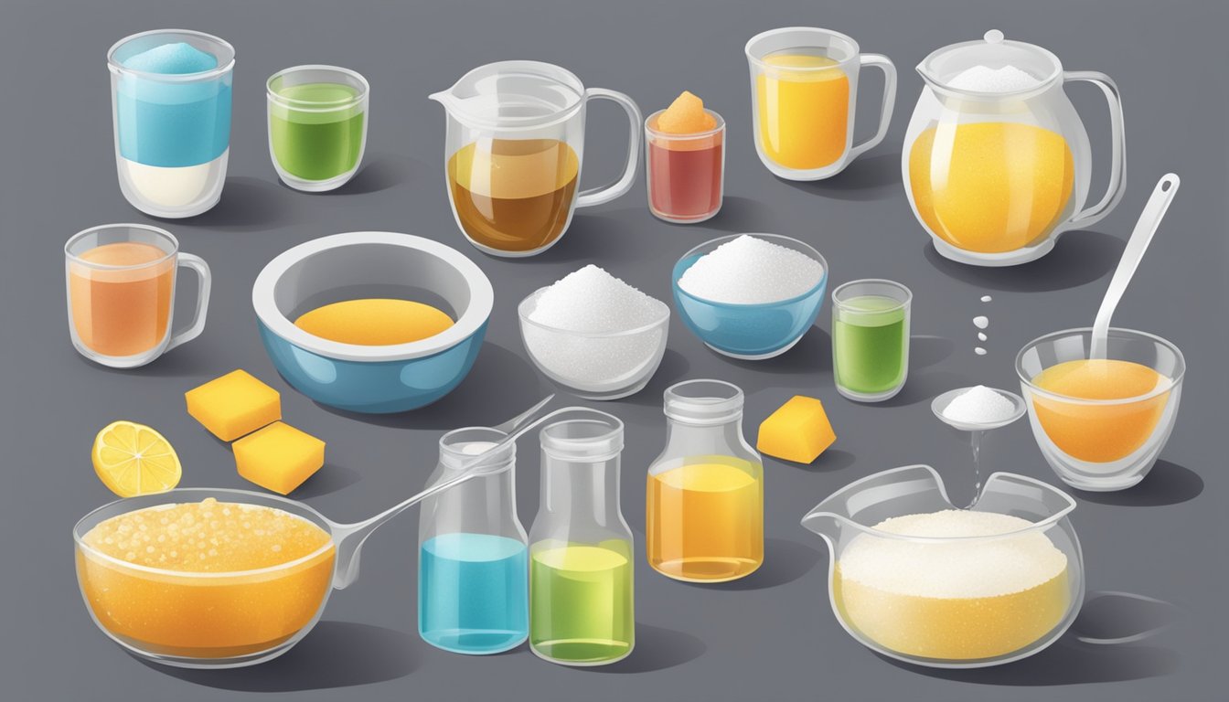 A table with various sweeteners and their substitution ratios, surrounded by measuring cups and spoons