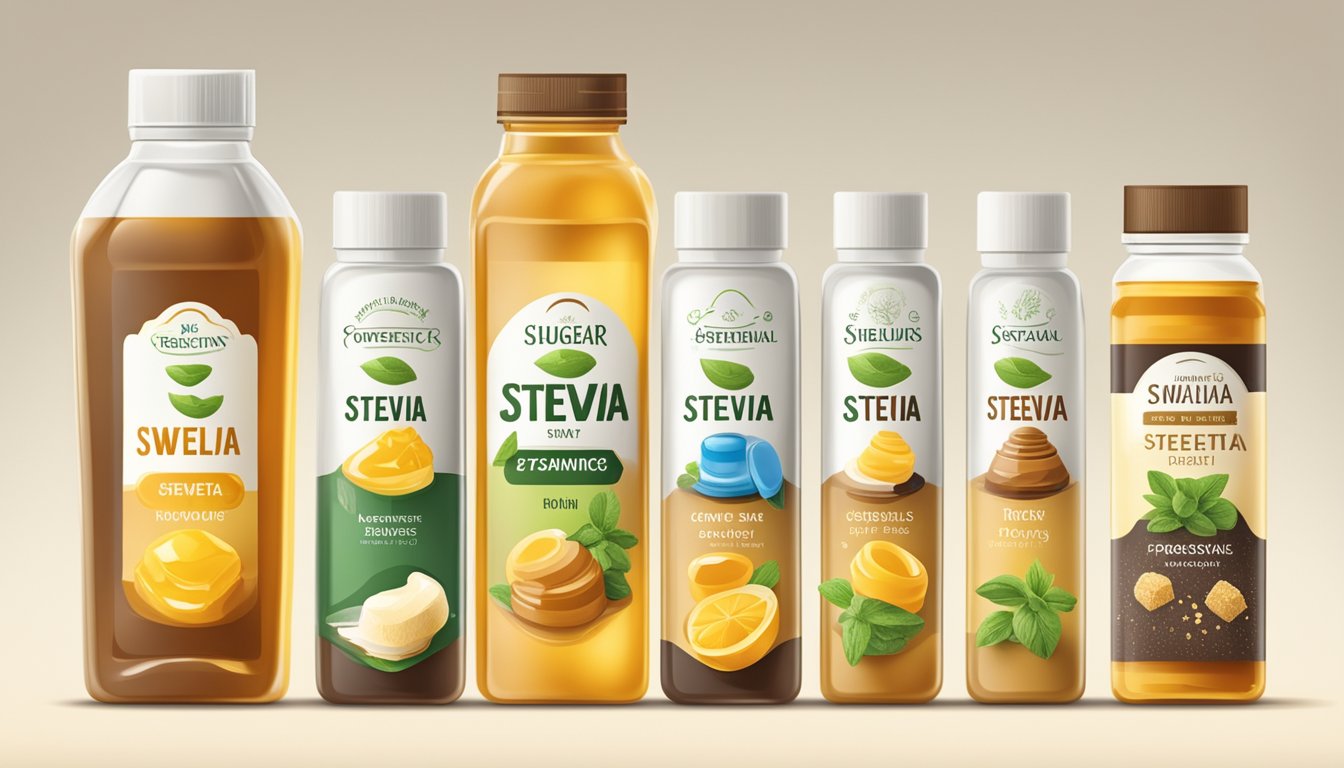 Various sweeteners (sugar, stevia, honey) arranged in a line with corresponding labels