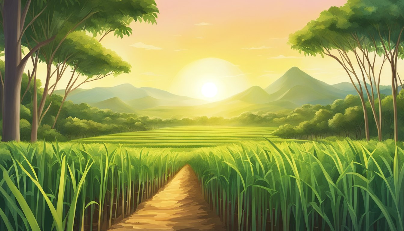 A lush field of sugarcane and stevia plants, surrounded by a diverse ecosystem of trees and wildlife. The sun shines down on the sustainable sweetener sourcing process