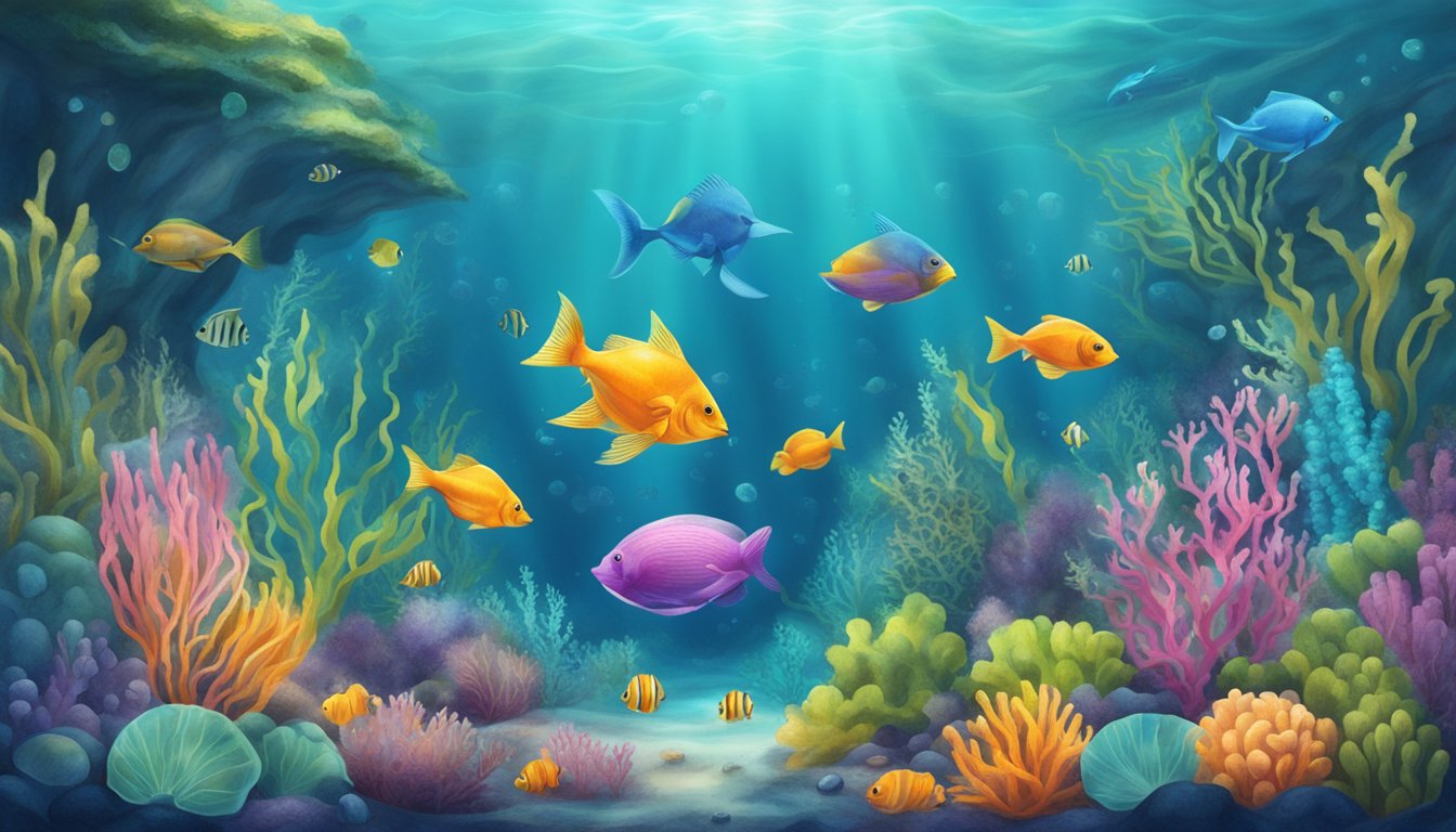 A serene underwater scene with colorful sea plants and creatures surrounding a cluster of natural sweeteners growing on the ocean floor