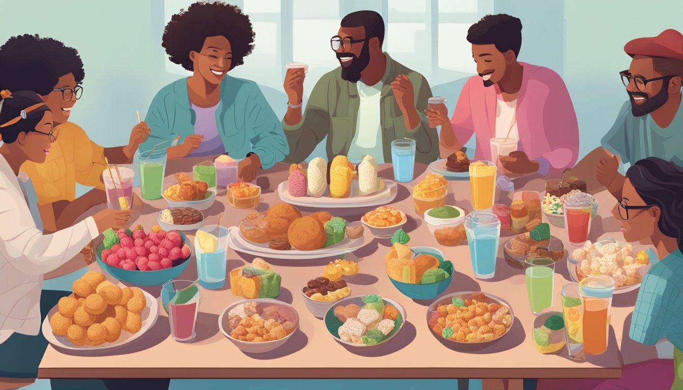 A diverse group of people from different cultures and backgrounds gather around a table filled with various sweet foods and drinks. They are engaged in lively conversation, sharing their unique perspectives on the science of sweetness