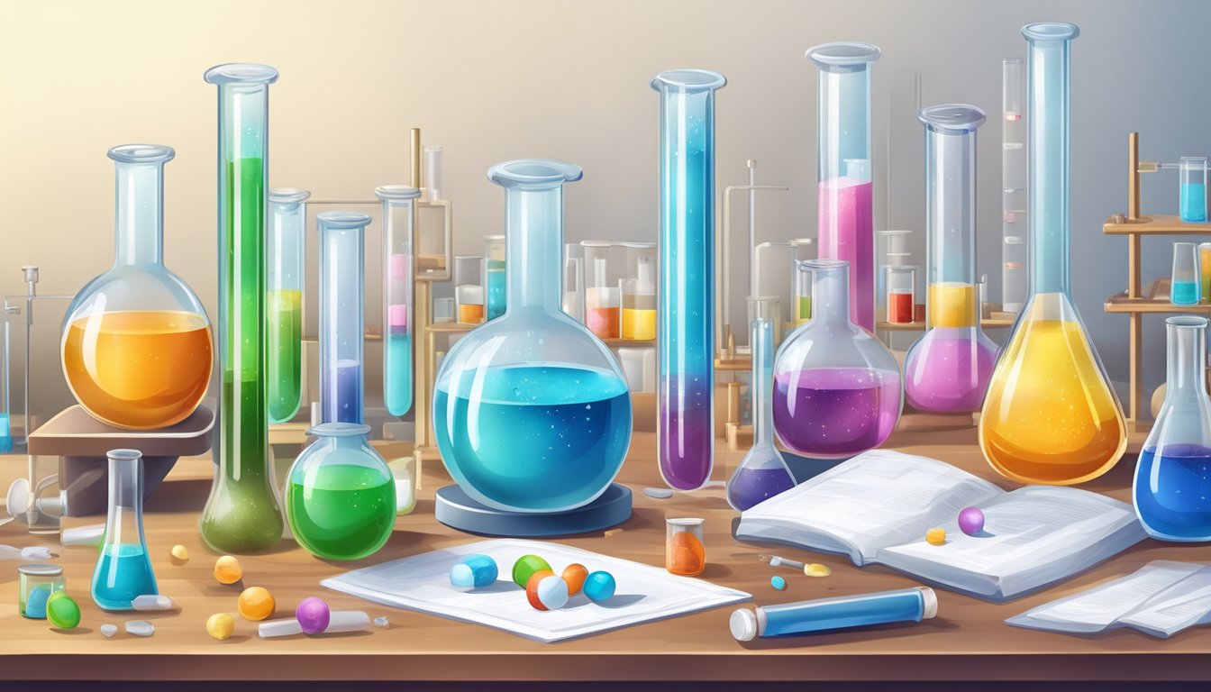 A laboratory table with various sweetening agents in test tubes and beakers, surrounded by scientific equipment and charts