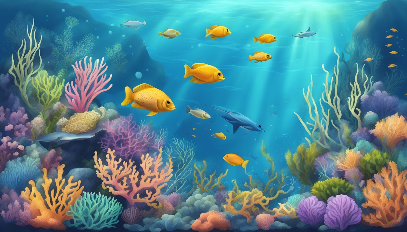 Underwater scene with colorful coral and marine life, including seaweed and sea creatures, with a focus on the natural sweetness of ocean plants