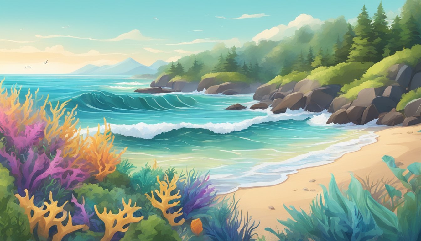 A serene beach with waves crashing against the shore, surrounded by seaweed and colorful marine life