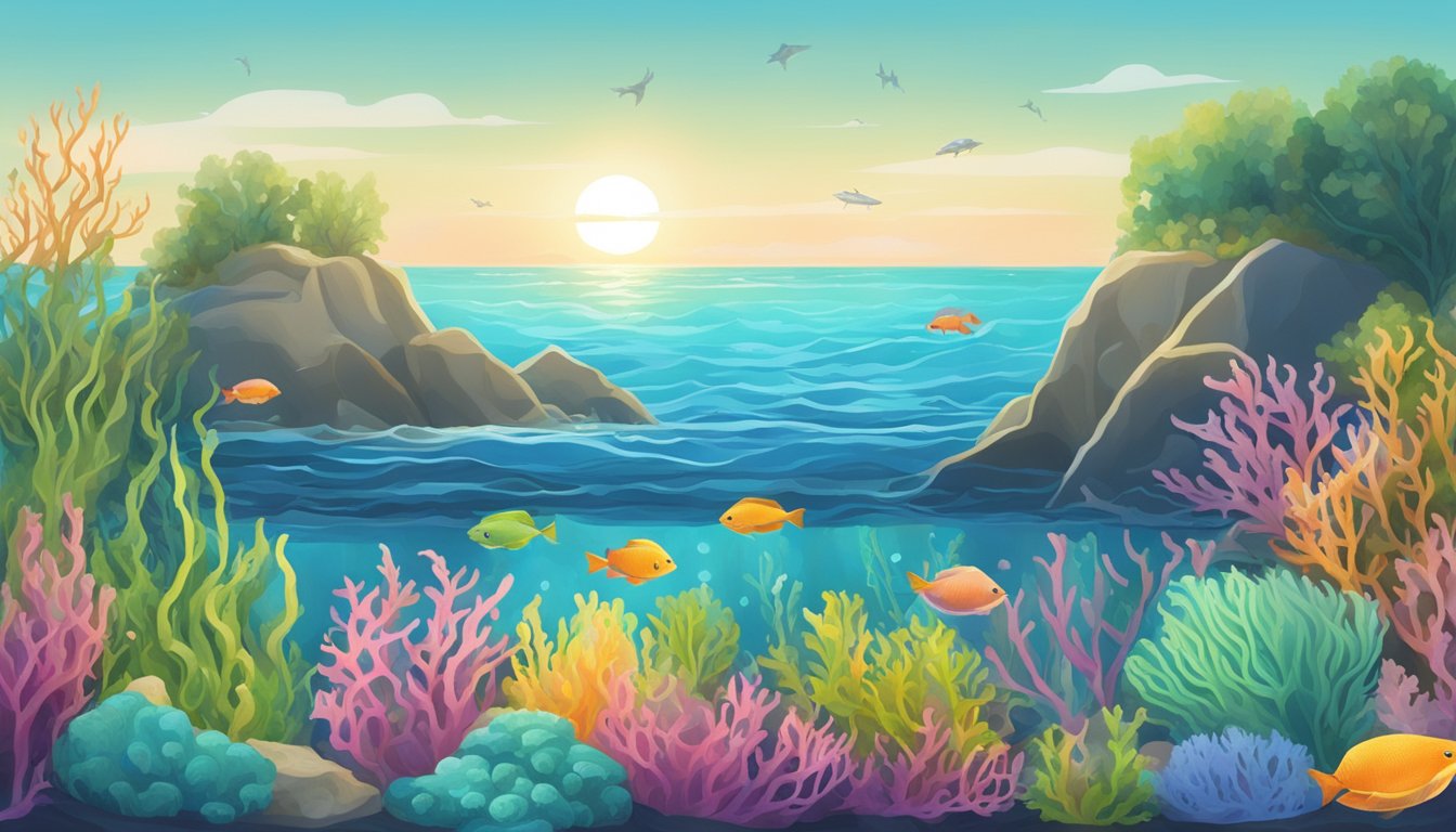 A tranquil ocean scene with colorful seaweed and marine life, showcasing the potential for future sweeteners derived from the sea