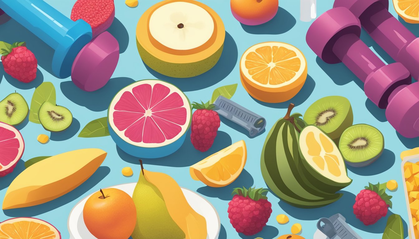 A table filled with colorful fruits, protein bars, and a measuring tape. Dumbbells and a water bottle sit nearby