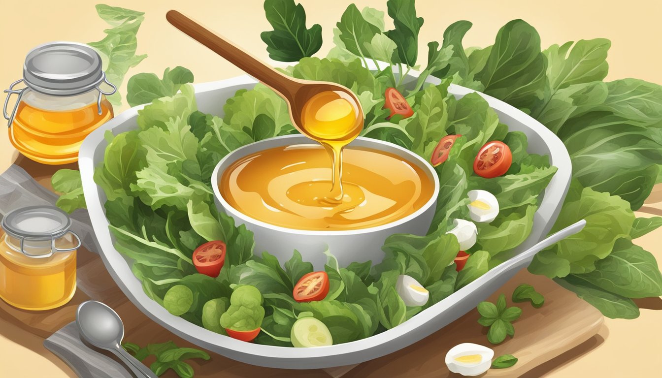 Fresh salad ingredients surround a small bowl of honey, with a spoon drizzling it over the greens