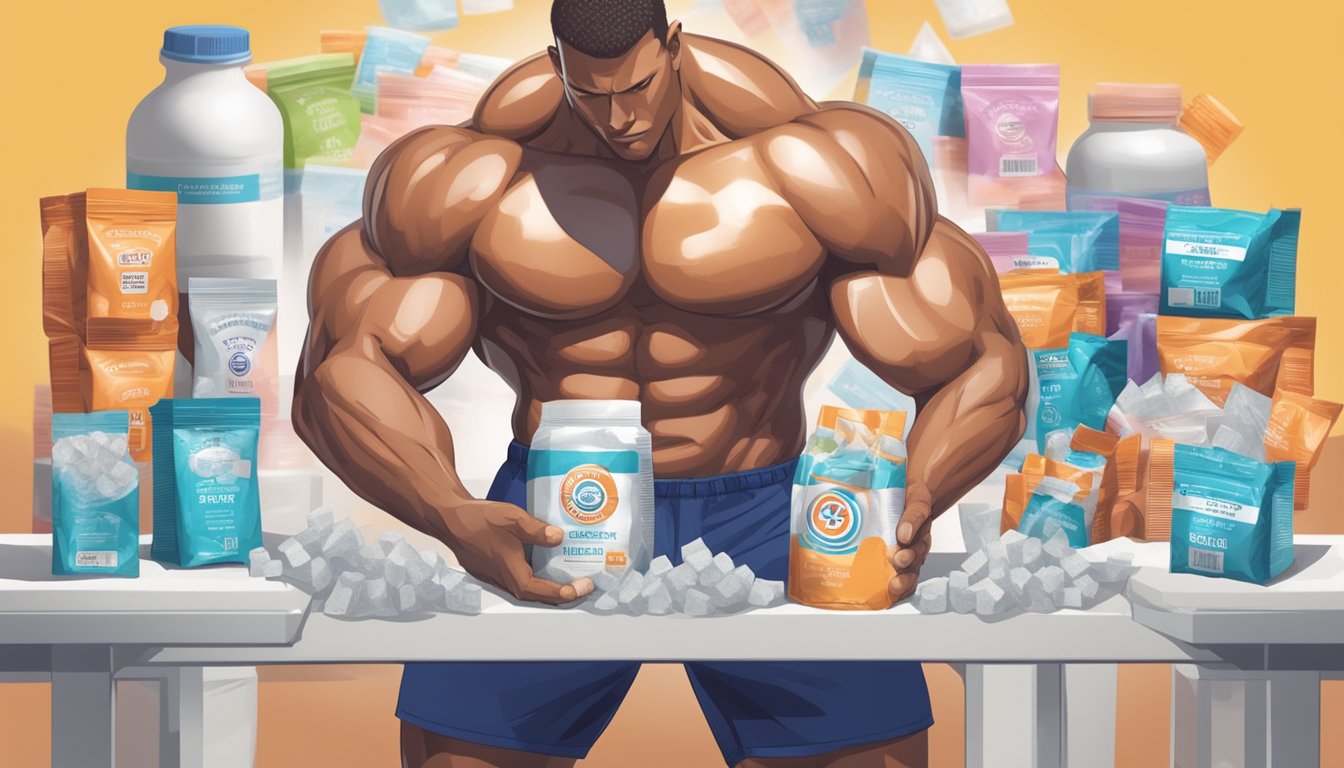 A muscular figure lifting weights, surrounded by sugar and artificial sweetener packets, with a warning label and a medical symbol in the background