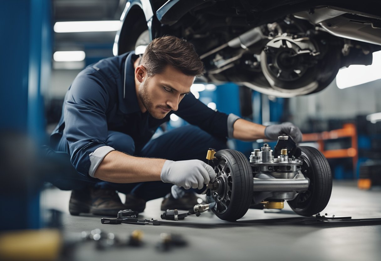 Um mecânico inspecionando e ajustando os componentes de freio de um carro, com ferramentas e peças espalhadas pela área de trabalho.