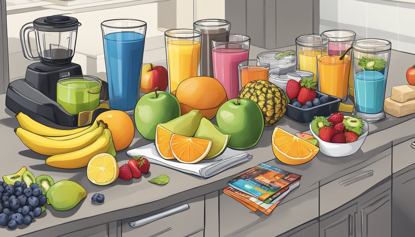 A colorful array of fresh fruits, protein bars, and smoothies displayed on a kitchen counter, surrounded by weightlifting equipment and a bodybuilding magazine