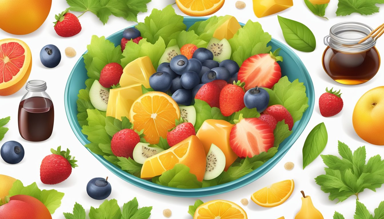 A colorful salad bowl with a variety of natural sweeteners such as honey, maple syrup, and fresh fruits arranged around the edges