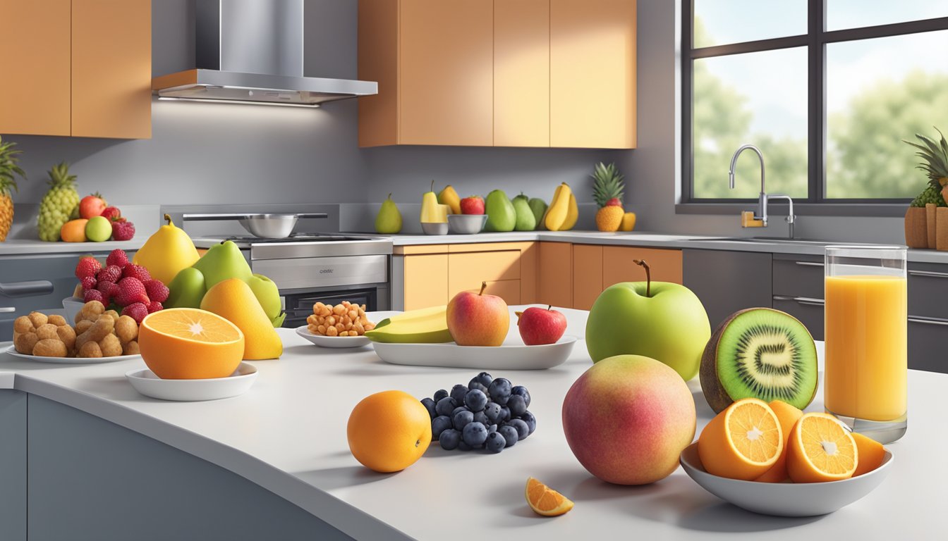 A colorful assortment of fresh fruits and protein-packed treats displayed on a clean, modern kitchen counter