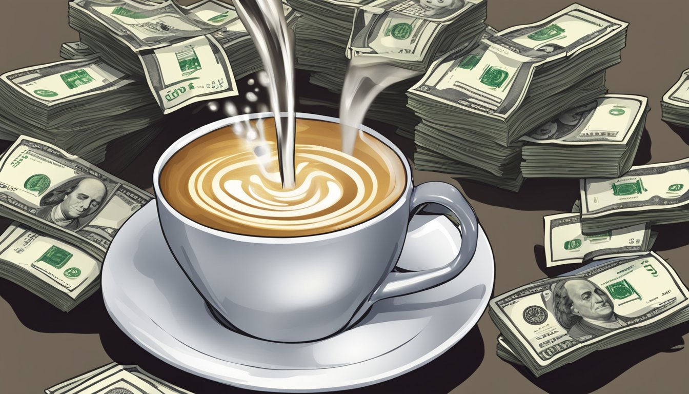 A stack of money pouring into a cup of coffee, creating ripples in the liquid