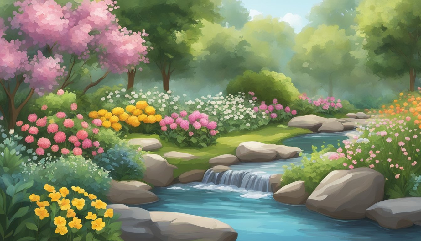 A serene garden with blooming flowers, herbs, and fruits, surrounded by a tranquil stream and a gentle breeze