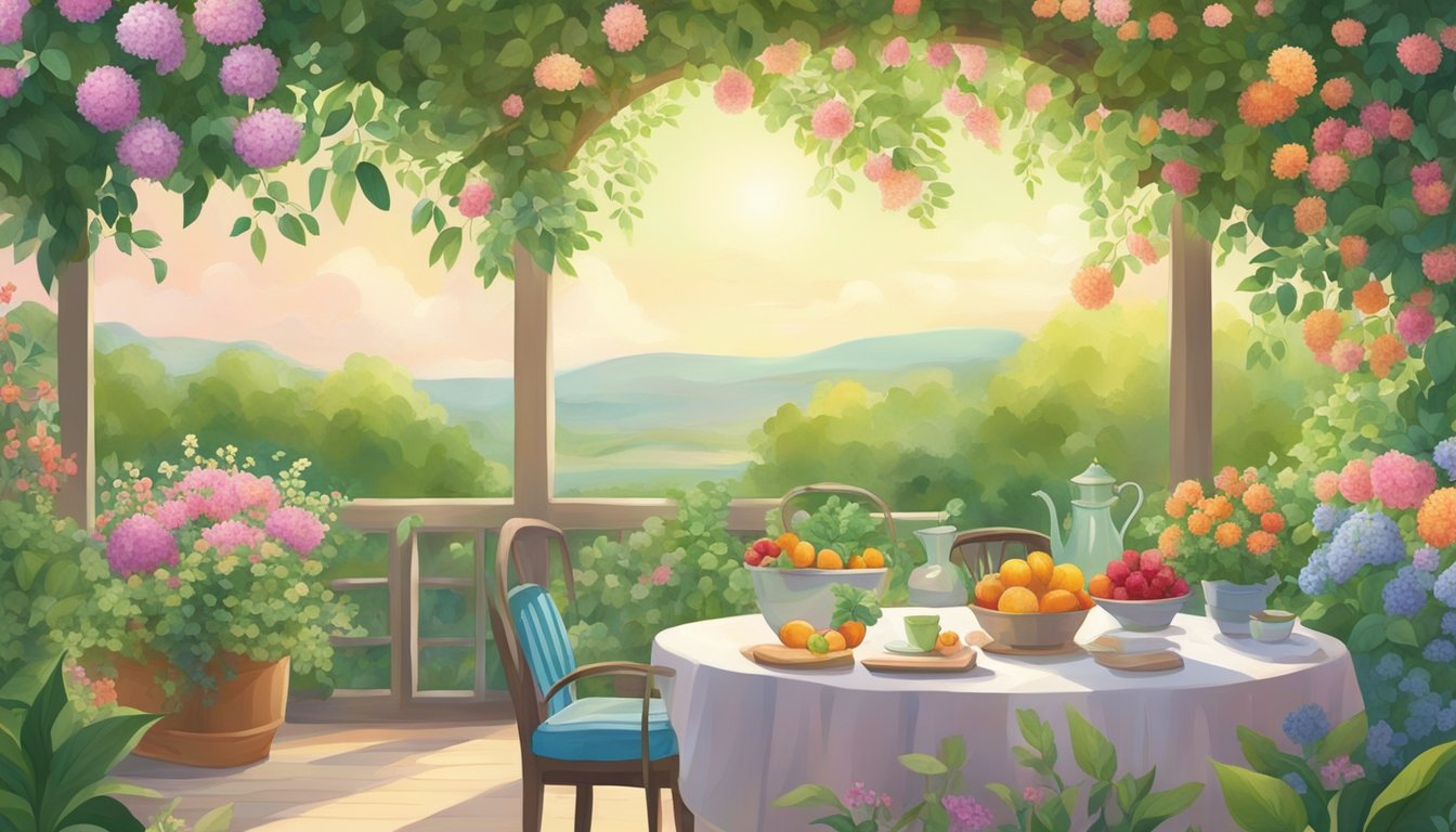 A serene garden with blooming flowers, ripe fruits, and aromatic herbs. A gentle breeze carries the sweet scent, evoking a sense of calm and contentment