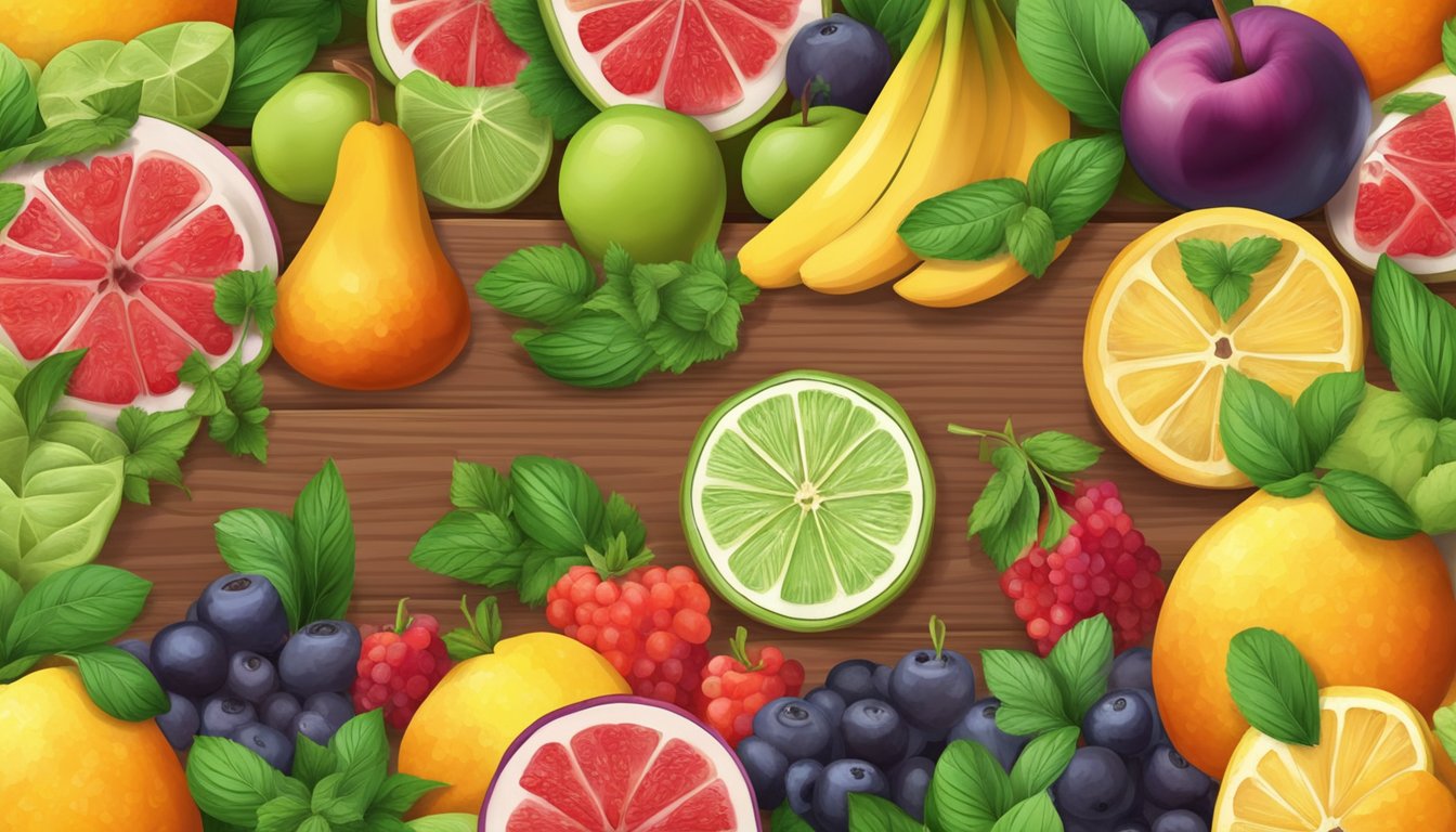 A colorful array of fresh fruits and aromatic herbs arranged on a wooden cutting board