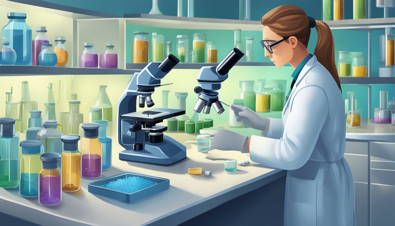 A laboratory setting with various scientific equipment and containers, with a researcher examining a sample of tagatose under a microscope