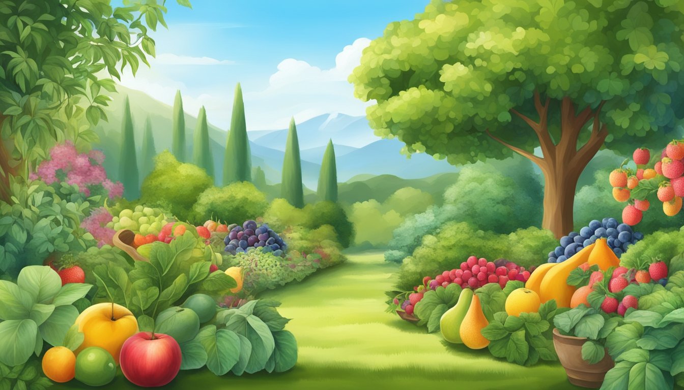 A serene garden with a variety of colorful fruits and herbs, surrounded by a peaceful, natural landscape