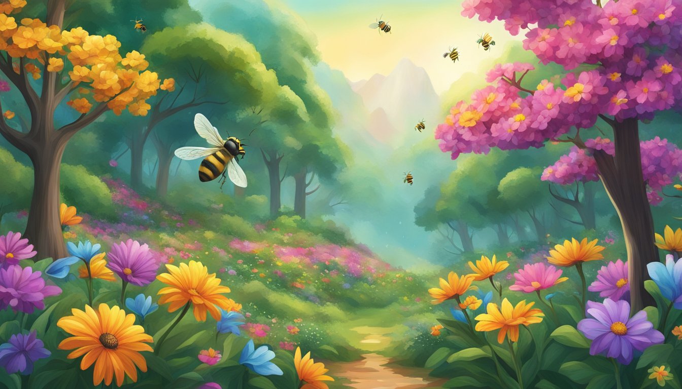 A lush forest with towering trees, vibrant flowers, and buzzing bees collecting nectar from colorful blooms