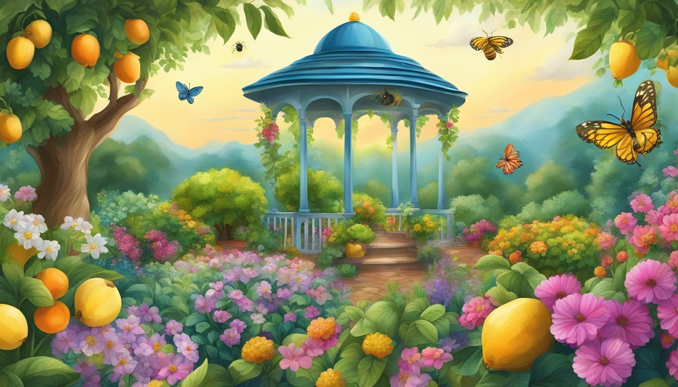 A lush garden bursting with vibrant, ripe fruits and colorful flowers, with a beehive buzzing with activity, surrounded by a sense of abundance and vitality