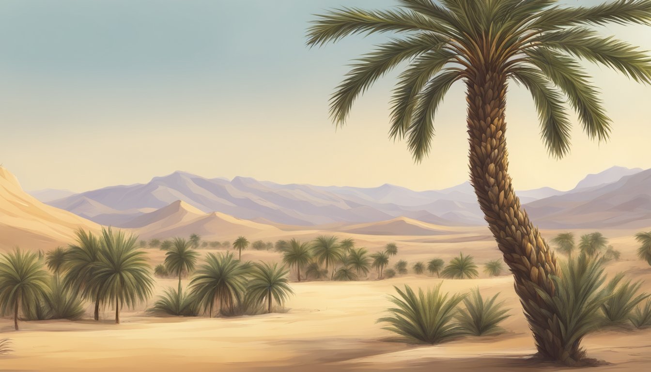 A date palm tree standing tall in the desert, with ripe dates hanging from its branches. A traditional method of extracting syrup from the dates is being demonstrated nearby