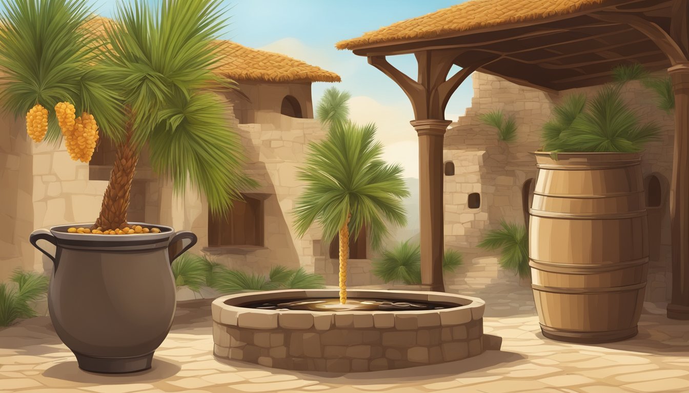 A date palm tree with ripe dates hanging from the branches, surrounded by a traditional stone mill and a large pot simmering with date syrup