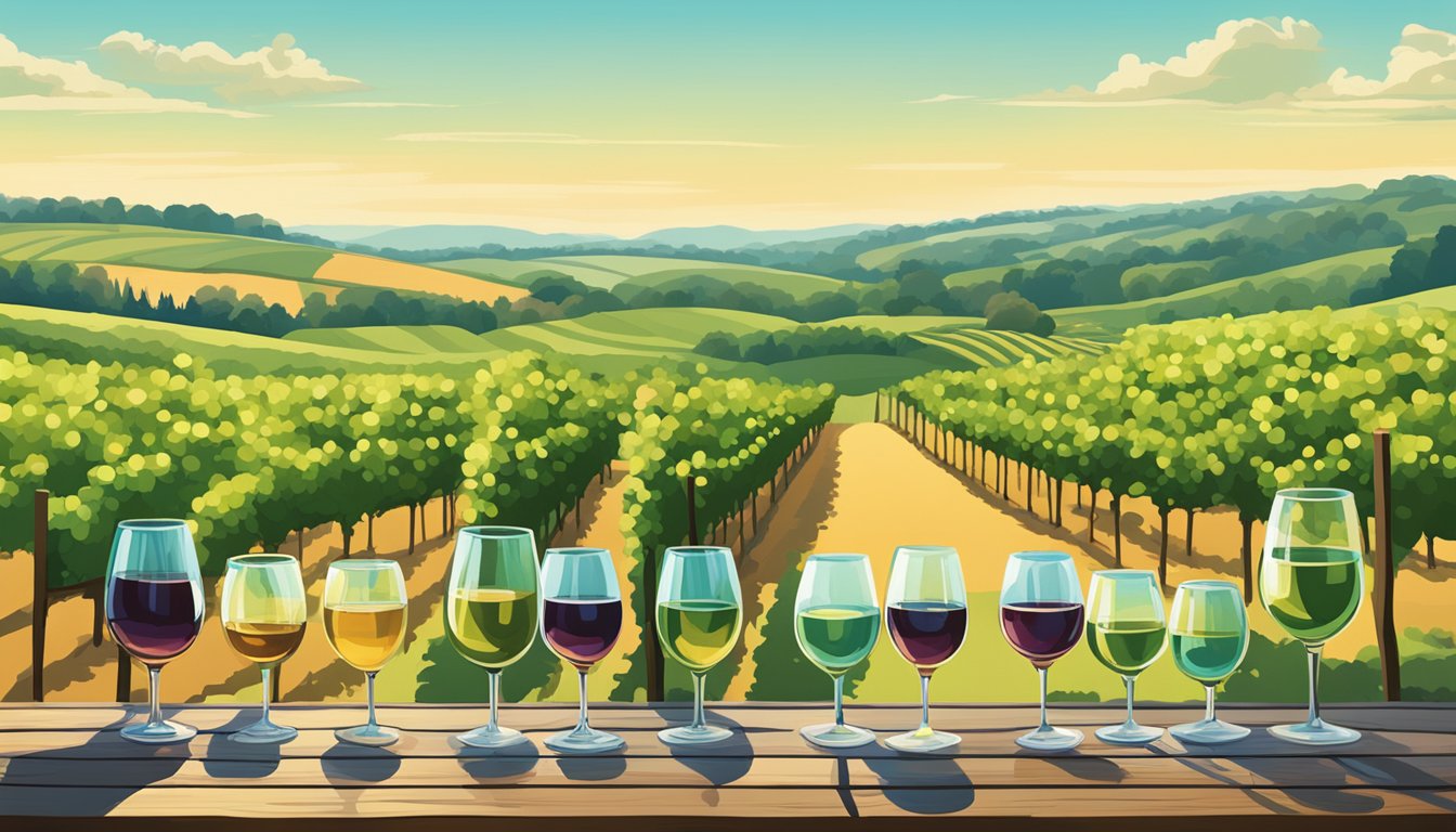 A vineyard landscape with rows of grapevines in varying shades of green, under a clear blue sky. A spectrum of wine glasses filled with different shades of sweet wine, from pale gold to deep amber, sits on a rustic wooden table