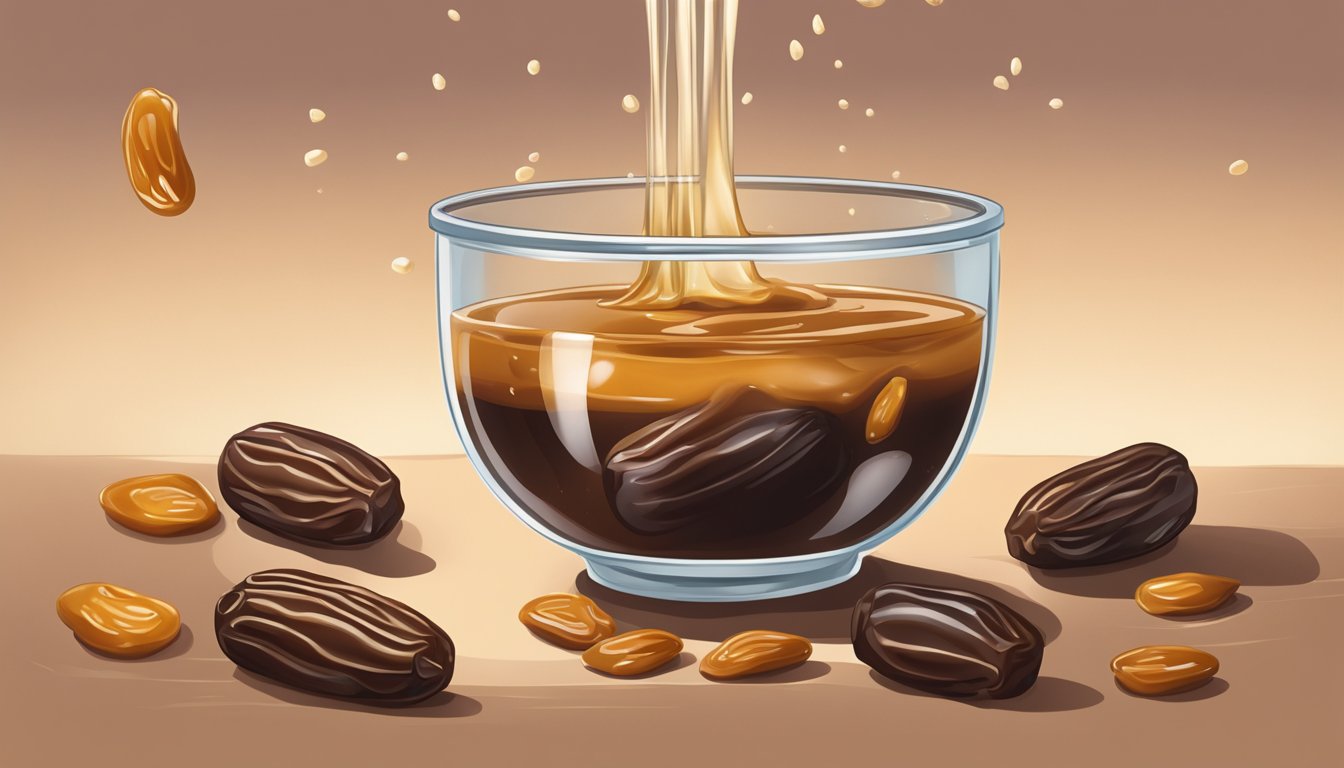 Dates being crushed into a thick paste, then mixed with water and heated to create a rich, caramel-colored syrup