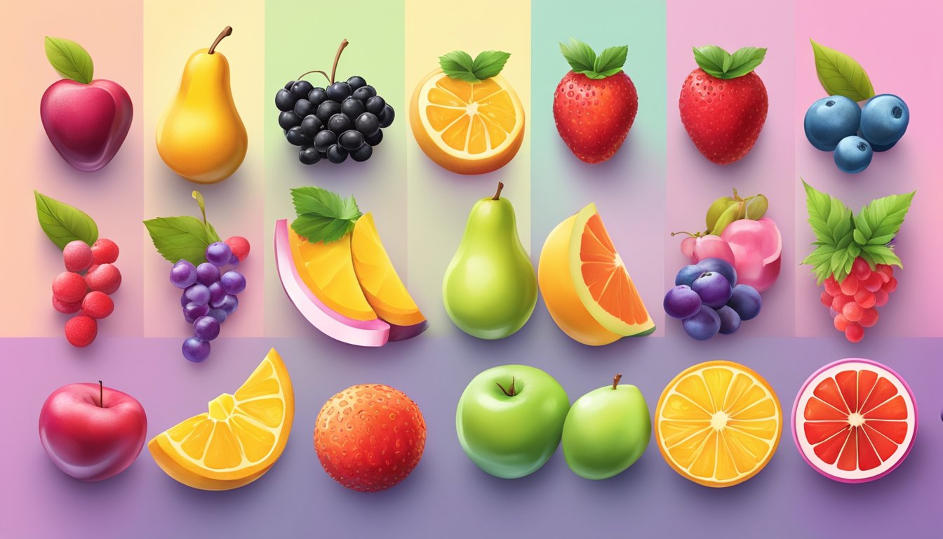 A colorful array of fruits and candies arranged in a spectrum from intense sweetness to other taste components like sourness and bitterness