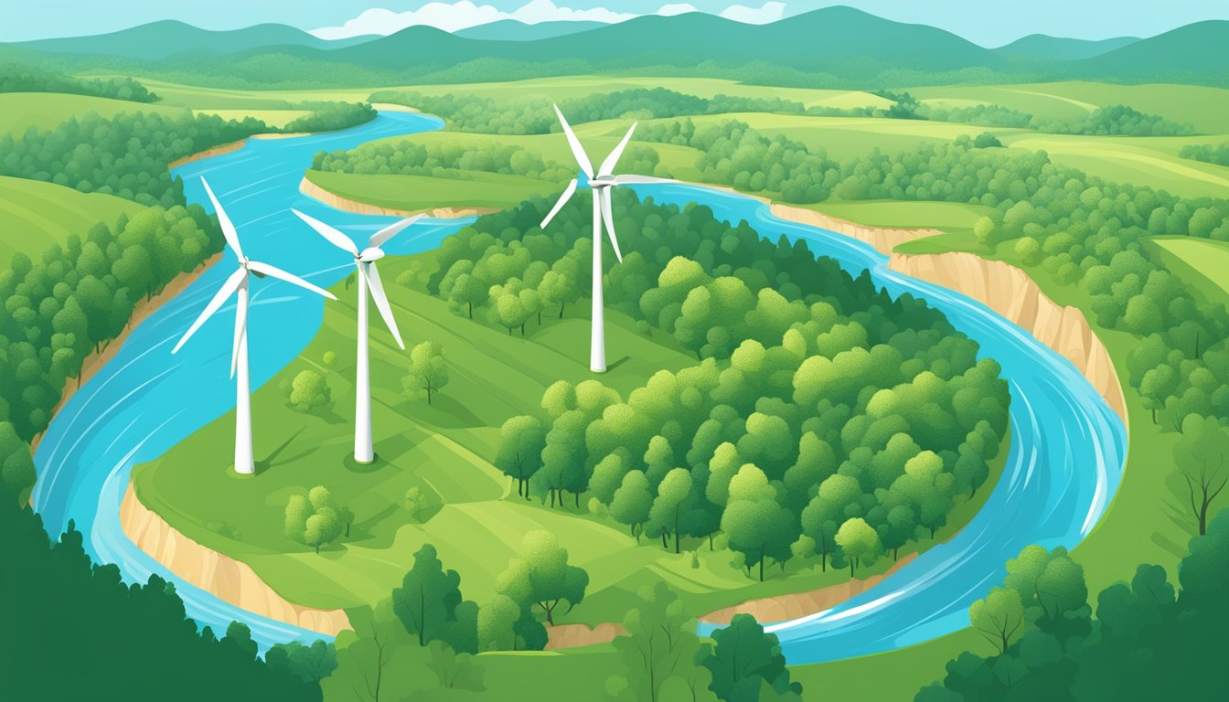 A lush, thriving forest with a river running through it, surrounded by fields of crops and wind turbines, under a clear blue sky